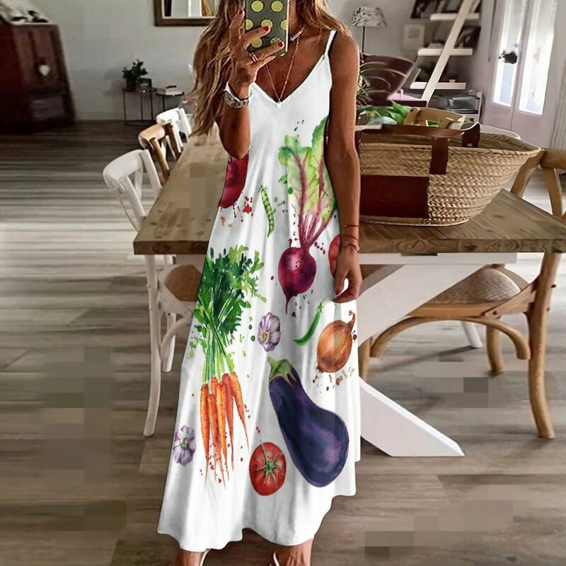 Set sayuran ilustrasi cat air tanpa lengan, gaun malam wanita tanpa lengan, gaun musim panas 2023