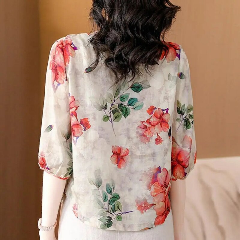 Rundhals bluse Hemd mit Blumen druck im Bohemian-Stil für Frauen Atmungsaktive Bluse aus Baumwoll-Leinen mischung mit Rundhals ausschnitt 3/4 für Frauen
