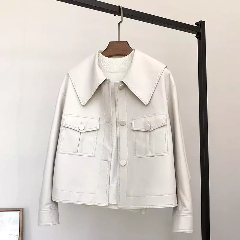 Takiyane – veste en cuir véritable pour femme, vêtement court et décontracté en peau de mouton, couleur blanche, SGG, printemps-automne, 2023