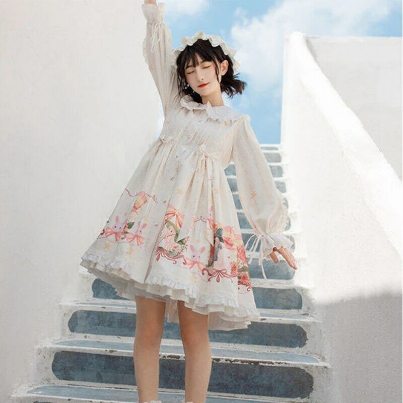 Japan Sweet Lolita OP Dresses Women Kawaii Bow Cartoon Print Elegant Princess Long Sleeve Soft Girl Tea Party Mini Vestidos