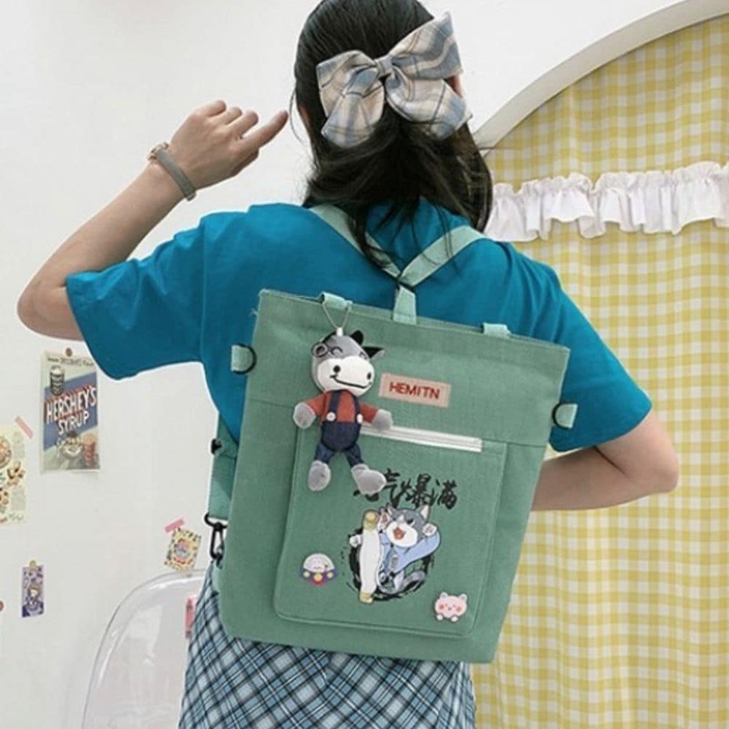 Bolso de mano 2 en 1 de lona para escuela, bandolera de hombro, mochila para estudiantes, estilo coreano