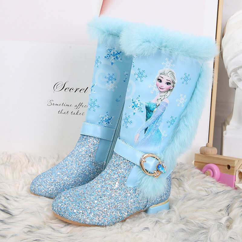 Stivali con tacco alto da bambina Disney stivali invernali da neve in peluche a maniche lunghe per bambini principessa Elsa stivali lunghi rosa blu taglia 26-37