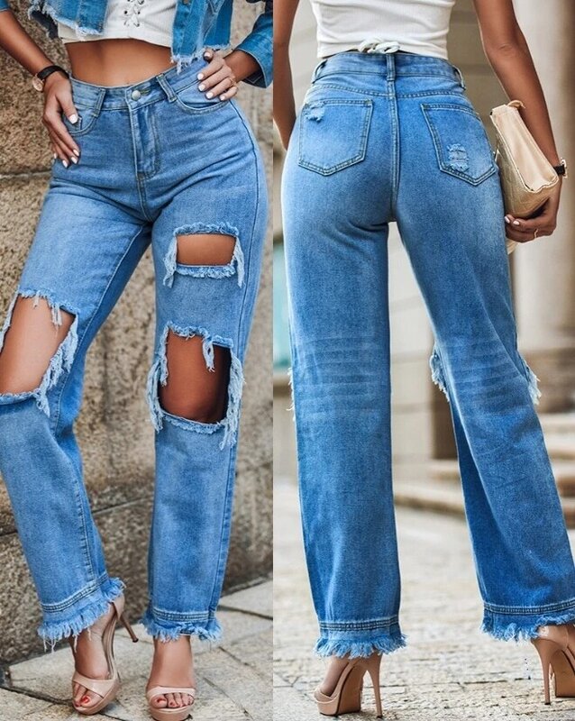 Casual Loose Pants for Women Ripped Cutout Fringe Hem Pocket Design Inelastic Straight Fashion Y2K Denim Pants Autumn Clothes