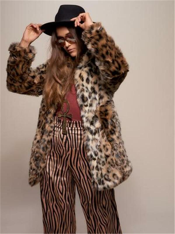 Pakaian Wanita Bulu Imitasi Musim Gugur/Musim Dingin Macan Tutul Cetak Mantel Mewah Menengah Panjang Tebal Jaket Bulu Longgar Mantel Wol