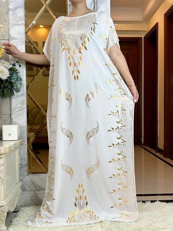 2023 Summer Short Sleeve Dress Cotton Gold Stamping  Boubou Maxi Islam Women Femme Dress With Big Scarf African Loose  Clothes