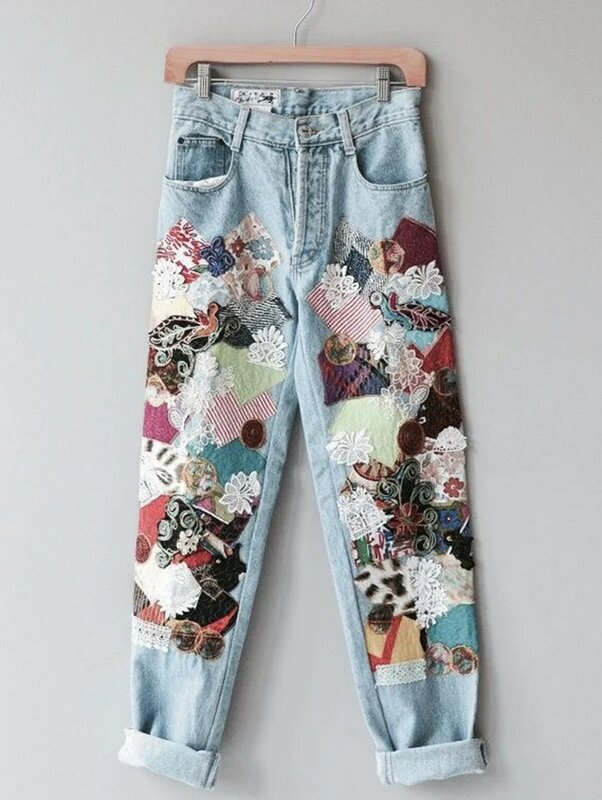 Jeans jeans de perna reta feminina, calça Harajuku vintage, bolso floral gráfico guipure com renda, casual verão
