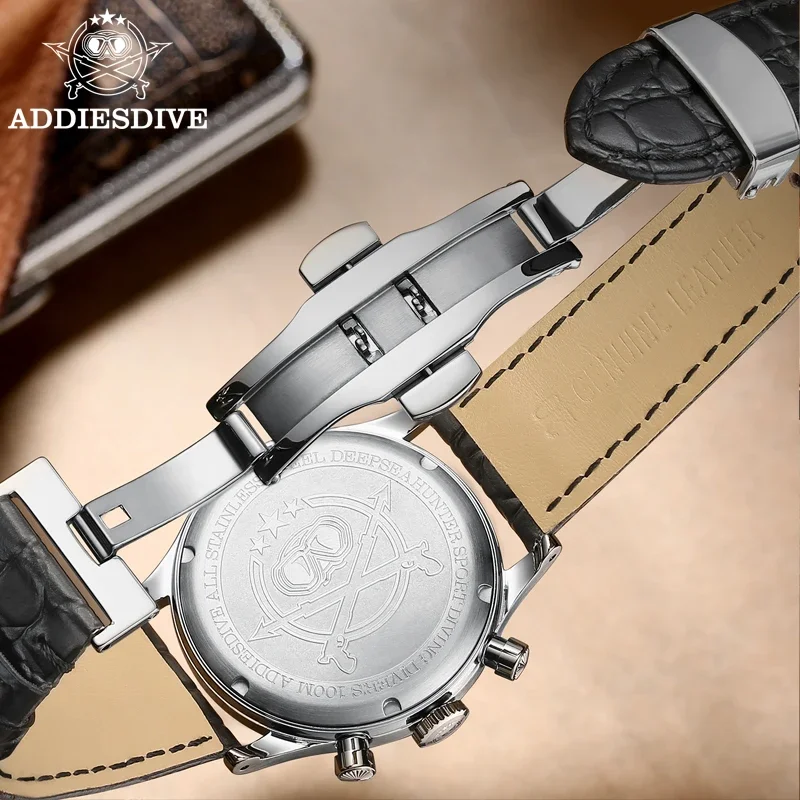 Addiesdive นาฬิกาควอทซ์38มม., นาฬิกาควอทซ์โครโนกราฟธุรกิจ60นาทีนาฬิกาหนังผู้ชายดำน้ำลึก100ม. นาฬิกาข้อมือย้อนยุคกระจกโดมฟอง