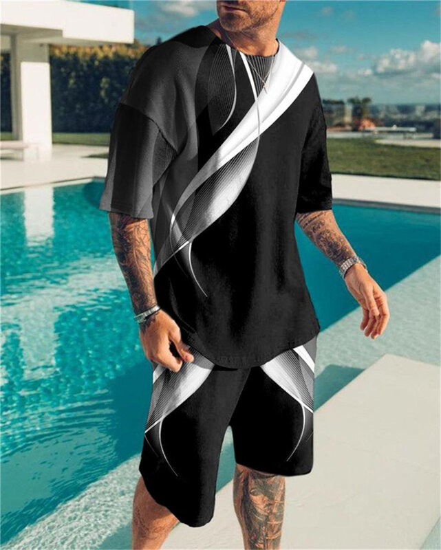 Костюм спортивный мужской клетчатый, модная рубашка и шорты в полоску, с 3D-принтом, комплект из футболки и брюк оверсайз с коротким рукавом