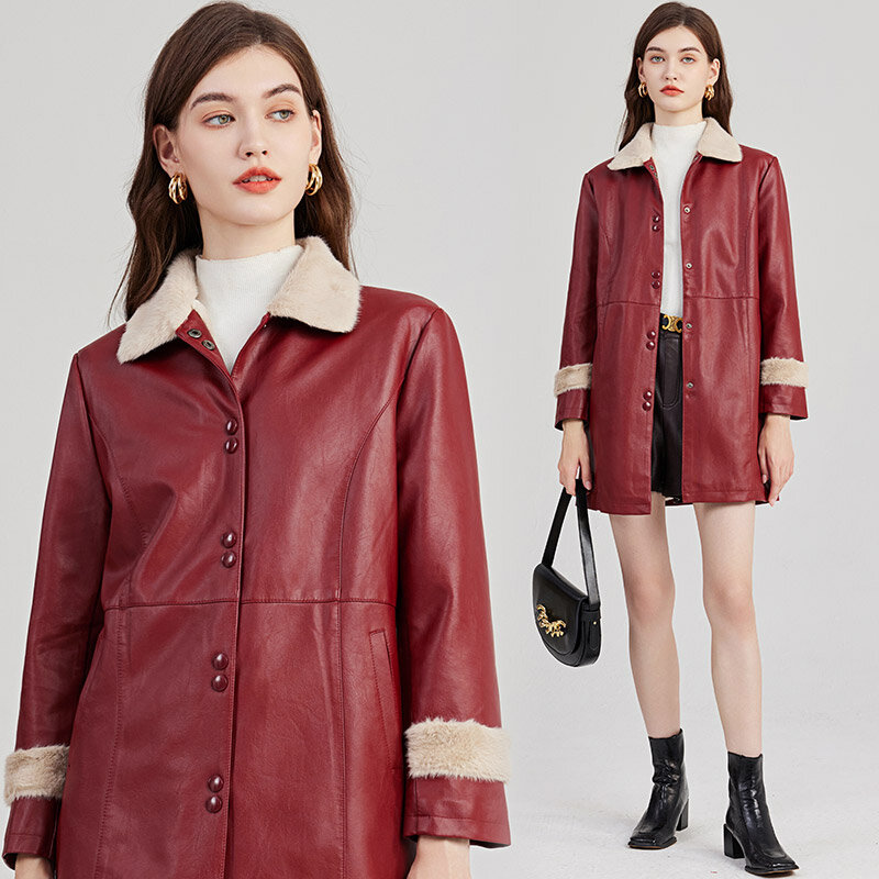 2023 New Fashion Luxury High Quality Women Winter Autumn Pu Jacket Coat Casual Faux Leather Fur Thick Warm Outwear
