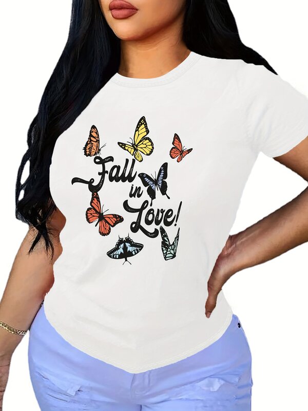 Butterfly & Letter Print T-Shirt, Casual Crew Neck Short Sleeve T-Shirt For Spring & Summer, Women's Clothing