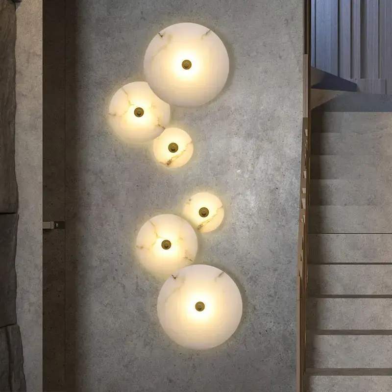 Naturalny marmur kinkiet LED okrągły kształt złoty Metal podświetlenia oświetlenie dekoracyjne do salonu tło pod telewizor kinkiet
