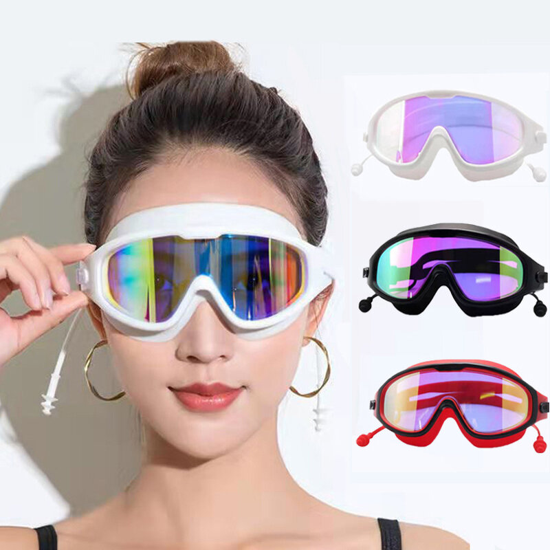 Очки для плавания с большой оправой, очки для плавания высокой четкости с затычками для ушей, водонепроницаемые противотуманные очки для плавания, очки для плавания для взрослых