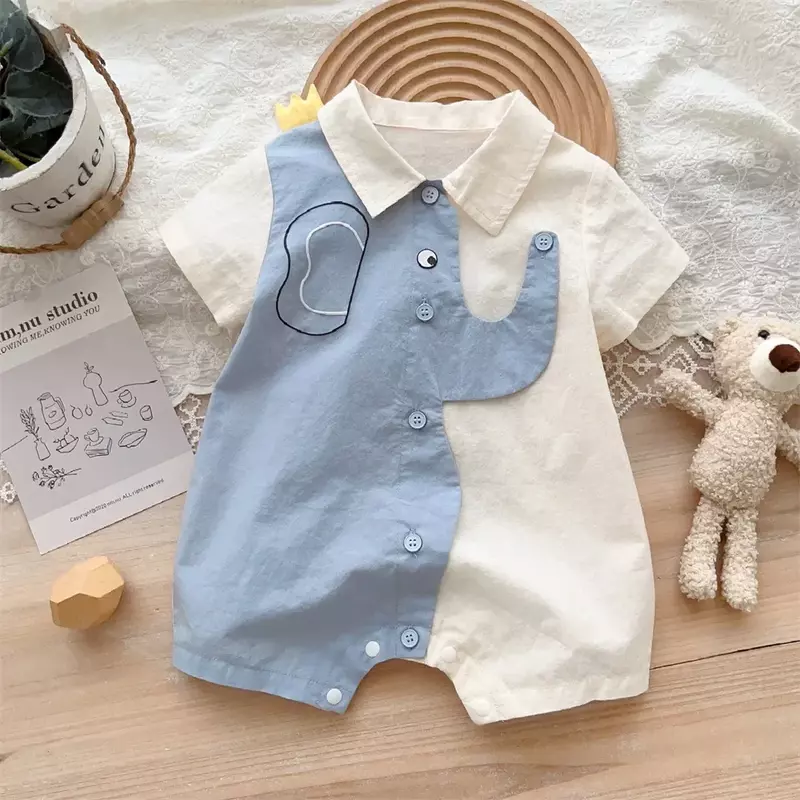 2023 Korean Summer Baby Boys Cartoon Rompers Cotton Short Sleeve Animal Patched Loose Infant Boys Bodysuit Toddler Boys Outfits