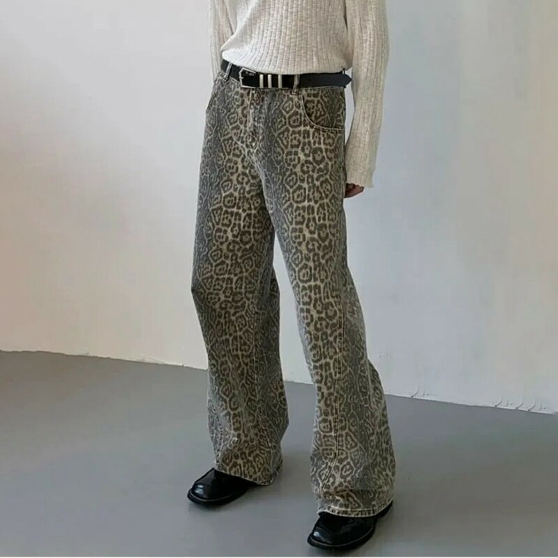 Ladies Vintage Leopard Print Denim Jeans 2024 Y2k Leisure Retro Streetwear Wide Leg Pants Relaxed Fit Boho Vibe Design Trouser