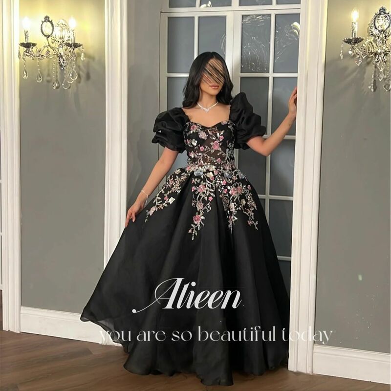 Aileen-lantejoula bordado preto renda vestido de noivado real, vestido de baile de luxo, mangas puff, vestidos sauditas, luxo, real, 2022