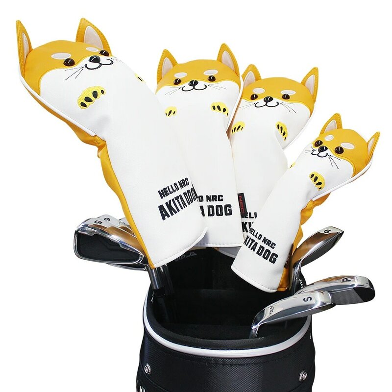 Golf Wood Head Cover for Driver Fairway Hybrid Cute Akita Golf Putter Cover PU Leather Waterproof Protector Golf Club Cover