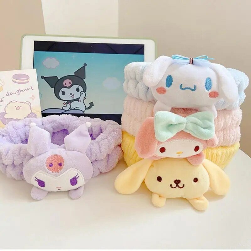 Sanrio-accesorios Kawaii Hello Kitty, maquillaje, lavado, Anillo para el cabello Cinnamoroll My Melody, banda para el cabello, Kuromi Plushie, diadema con lazo, regalo