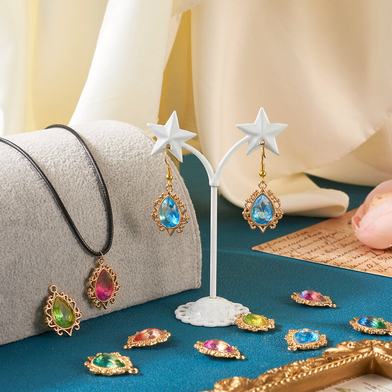 20 buah liontin berlian imitasi Resin transparan jimat air mata paduan warna gradien untuk DIY Aksesori Perhiasan anting kalung
