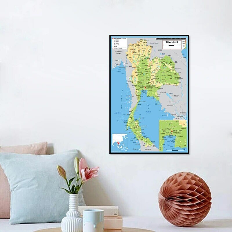 Póster de tamaño pequeño con mapa de Tailandia para decoración del hogar, impresión artística de pared para sala de estar, suministros de enseñanza escolar, 42x59cm