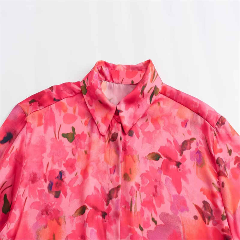 Летняя рубашка, топы, новинка 2024, Повседневная атласная текстурная рубашка с цветочным принтом, однобортный короткий топ с длинным рукавом