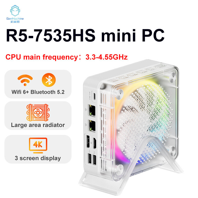 GenMachine-MINI PC AMD Ryzen 5 7535HS Light, Windows 11 Pro, 8 núcleos, DDR5, 4800Mhz, 256/512GB, SSD, WIFI6, BT5.2, ordenador de escritorio para juegos