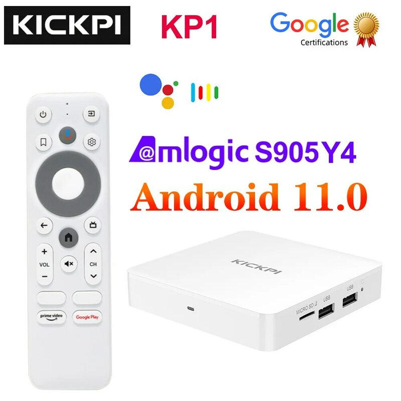 KICKPI KP1 Google TV Box Android 11 Amlogic S905Y4 2GB 32GB mendukung AV1 1080P H.265 4K 2.4G & 5G Wifi BT Androidtv Box
