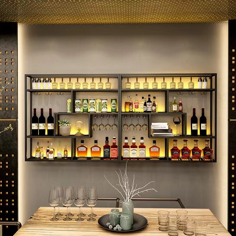 Industriële Zwarte Wijn Rekken Opslag Display Haken Ligh Planken Wandkast Commerciële Fles Houder Bar Bar Benodigdheden