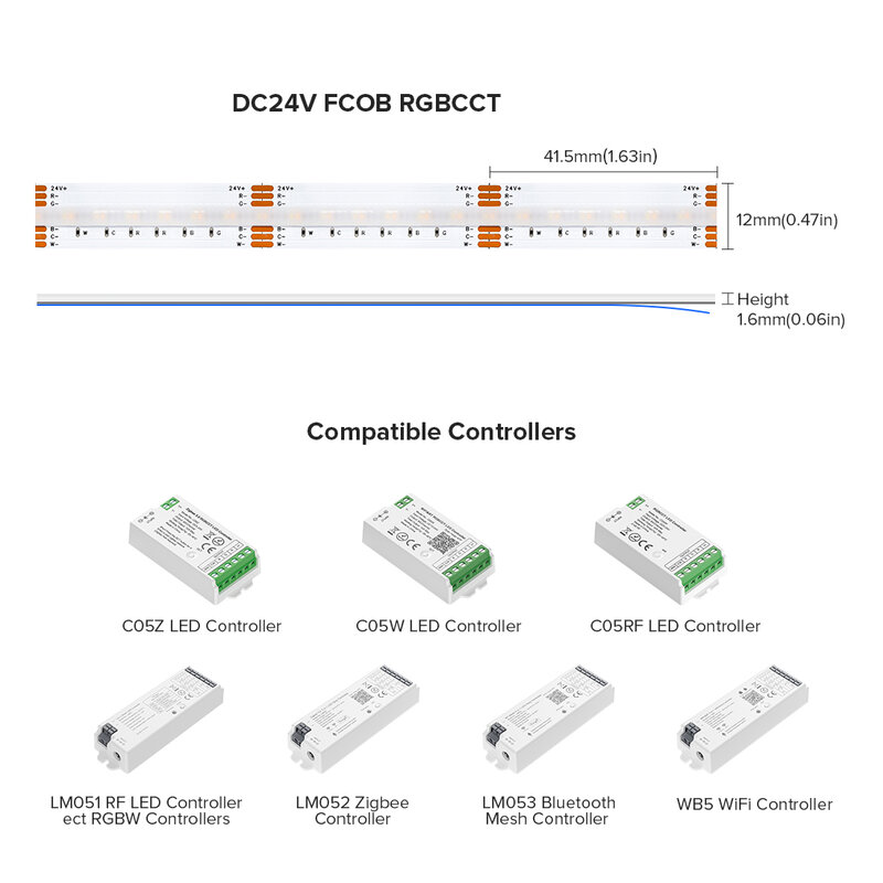 FCOB RGBCCT 유연한 COB 선형 조명 스트립, 6 핀, 12mm, DC24V, 960 LED, CW WW FOB, 고밀도, RA90, 조도 조절 가능, 18W