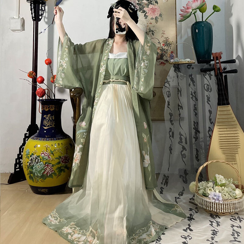 3 szt. Zestaw chińskiej mody sukienka Hanfu herbata zielona sukienka chińska starożytna kobieta sukienka haftowana kostium do strzelania Graduat