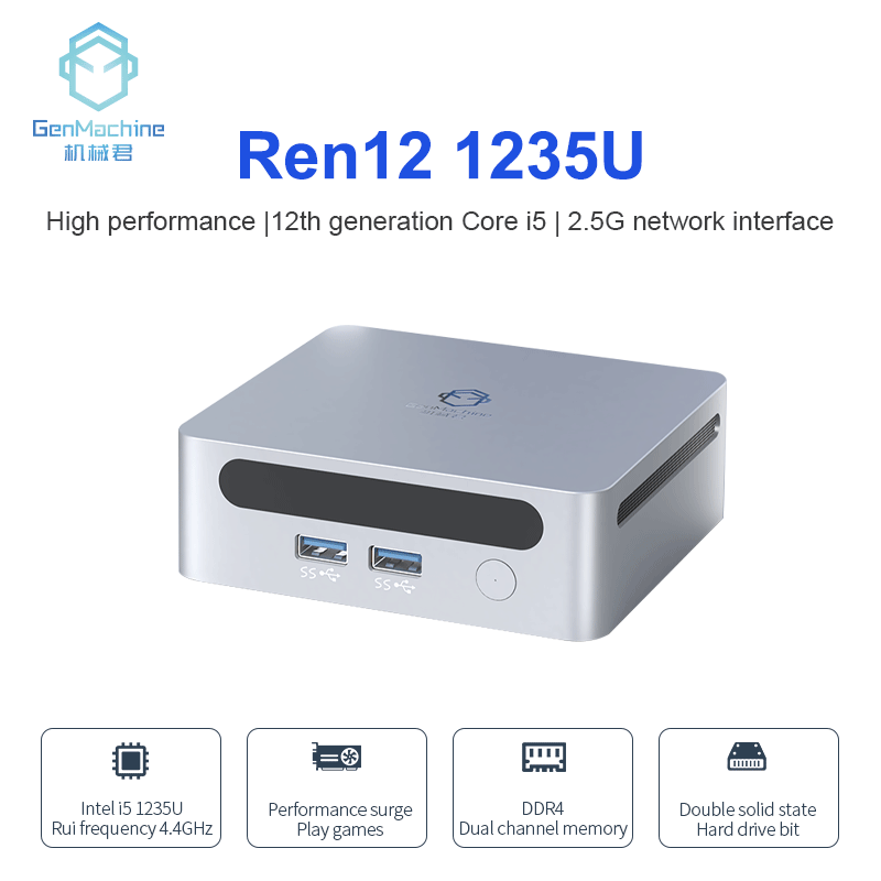GenMachine-Mini PC Ren12 1235U, Intel 12th i5 1235U, 10 núcleos, gráficos lris Xe (hasta 1,2G), DDR4, 3200MHz RAM, Wifi6, nuevo