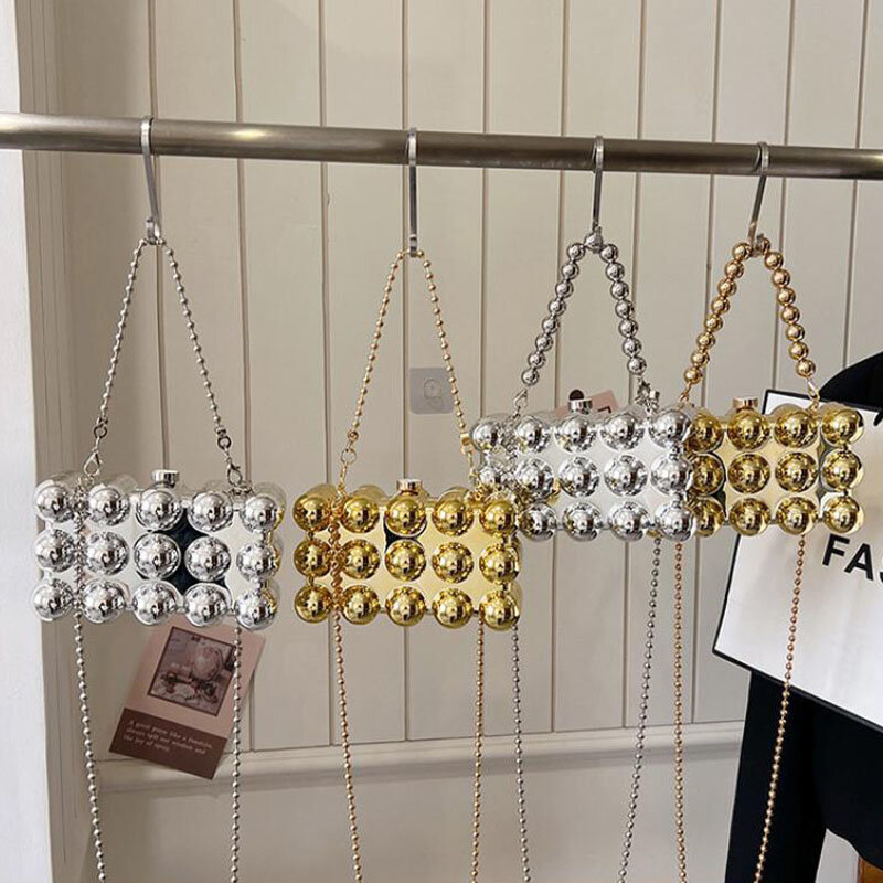 Złota posrebrzany akrylowa torebka wieczorne sprzęgło dla kobiet 2024 Trend luksusowy projektant koraliki super torba z rączką pudełko torby na ramię