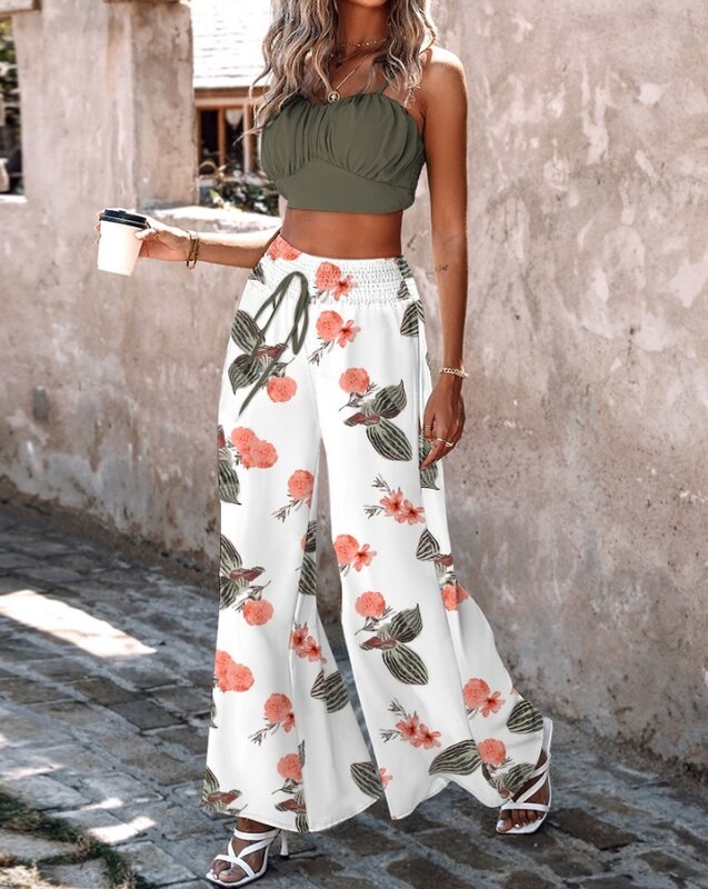2024 Women's Short Tank Top with Strapless Shirred Cami Top&tropical Printed Wide Leg Pants High Waisted Long Pants Set