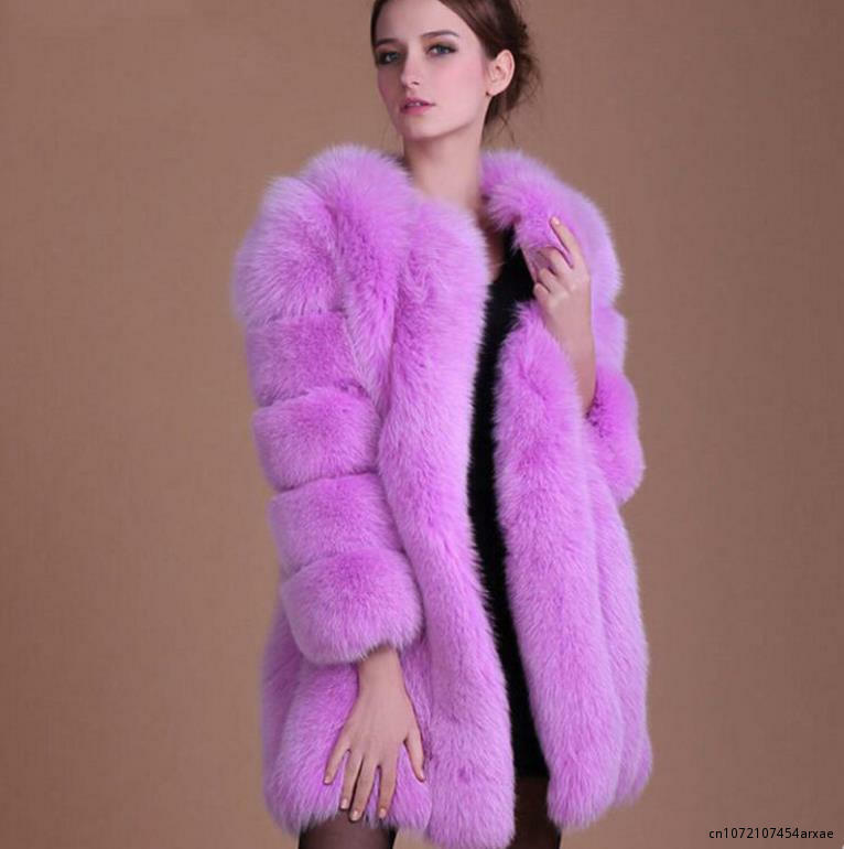 Winter Faux Fox Fur coat Women Slim Faux Fur Jacket Long coat Winter Faux Fox Fur Coat stripe luxury fashion 4XL