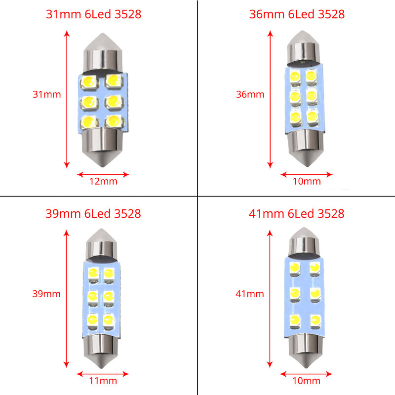 2X Auto Led Dome Festoen Lamp C5W 3528 1210 6SMD 31Mm 36Mm 39Mm 41Mm Auto Led boot Lamp License Lezen Kloof Licht 12V Accessoires