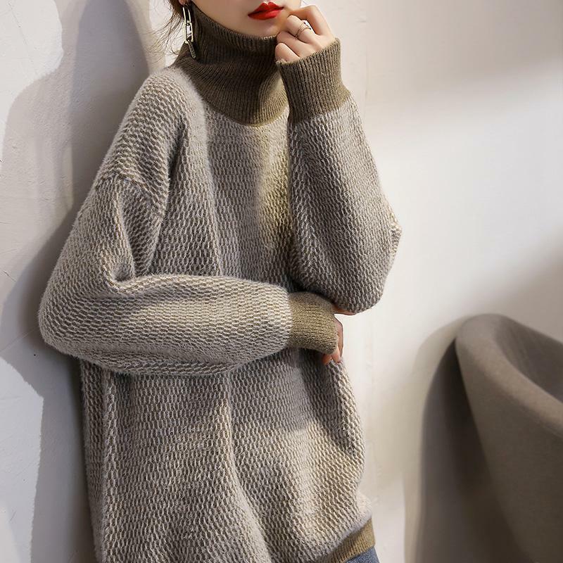 Women's Clothing Commute Vintage Turtleneck Jumpers Autumn Winter New Stylish All-match Patchwork Long Sleeve Knitted Sweaters