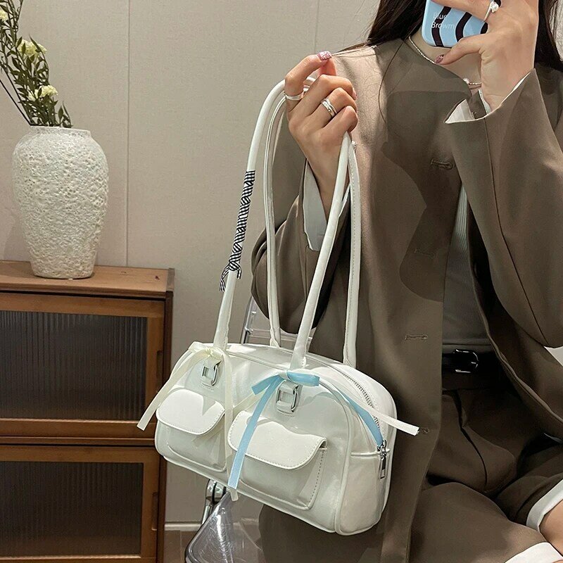 Small Double Pockets Shoulder Bags for Women 2024 Spring New Fashion Trend Designer Ribbon Underarm Bag Female Handbags