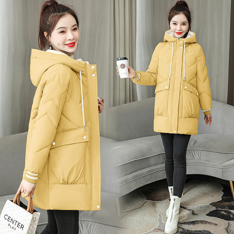 2023 여성용 코튼 패딩 재킷, 긴 한국 버전, 작은 루즈 아우터, 두꺼운 패션 후드 코트, 겨울 신상
