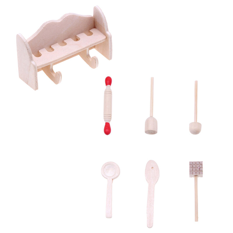 1Set Dollhouse Miniature Cookware Rolling Pin Spoon With Storage Rack Mini Kitchen Utensils Model Doll House Life Scene Decor