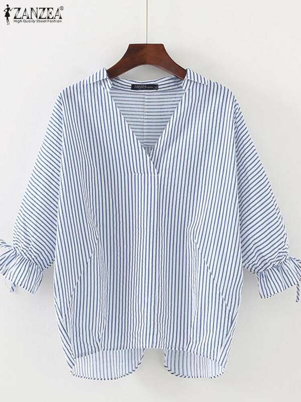 ZANZEA-Blusa de oficina Vintage para mujer, camisa con estampado a rayas, holgada, informal, de manga 3/4, con cuello en V, 2024