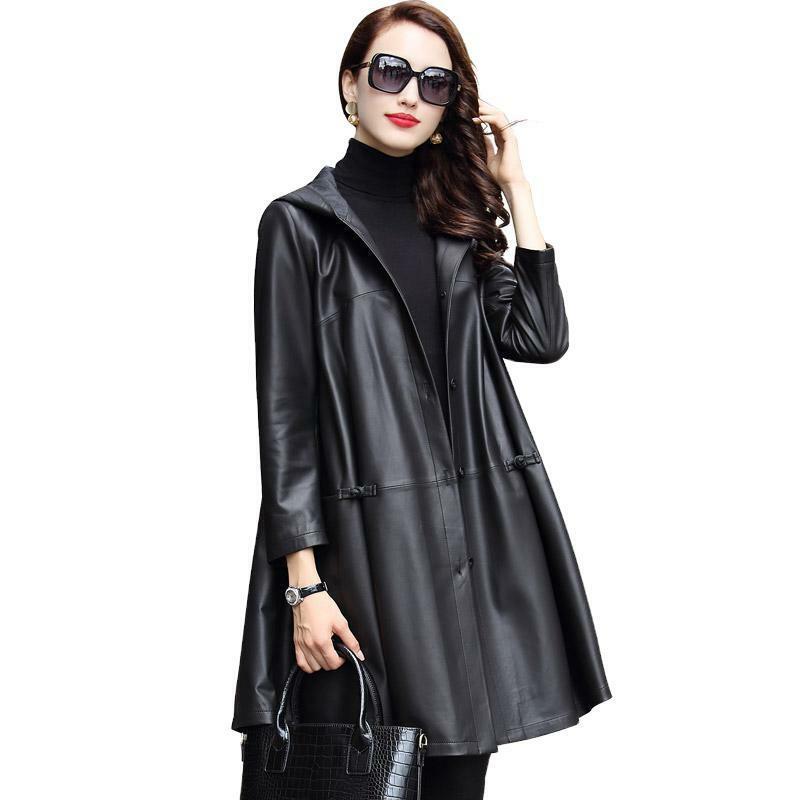 Jaqueta de couro preta feminina, pele de carneiro com capuz, casaco solto, trincheira longa, couro genuíno, lazer, tamanho grande, primavera, outono