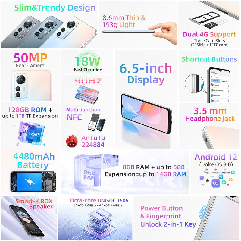 Blackview A85 Smartphone 50MP Camera 8GB 128GB Android 12 Mobile Phone 90HZ Display Three Card Slots 18W Charging NFC Callphone