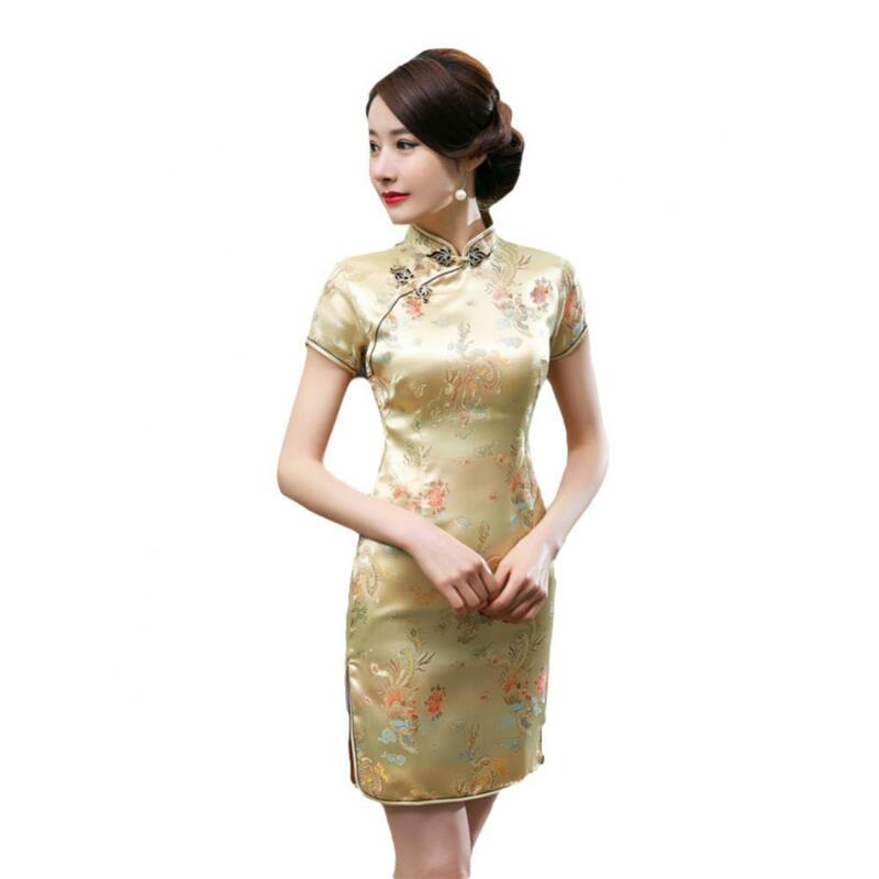 Dragão chinês Phoenix bordado vestido fino com pescoço alto, Cheongsam curto, vestidos Qipao vintage, mini vestido dividido, verão