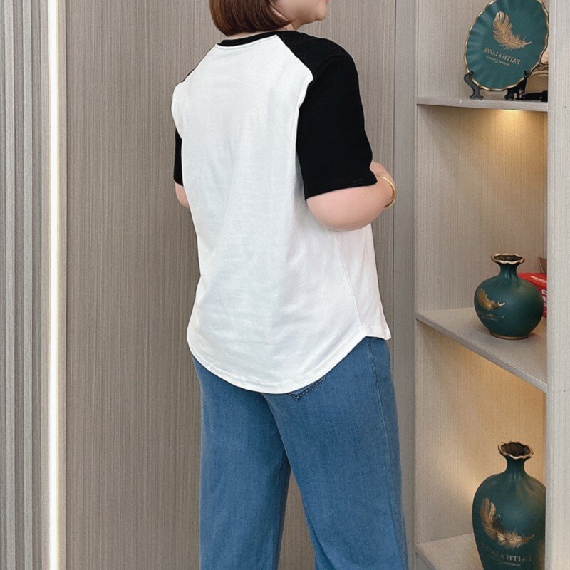 De manga curta em torno do pescoço t-shirt para as mulheres, algodão solto e fino, casual e cor de jogo, tamanho grande, verão, novo, 2024