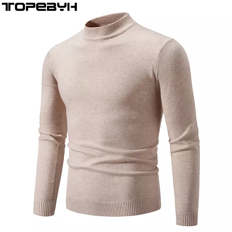 Suéter de punto de cuello alto para hombre, suéteres casuales de manga larga, otoño e invierno, 2023