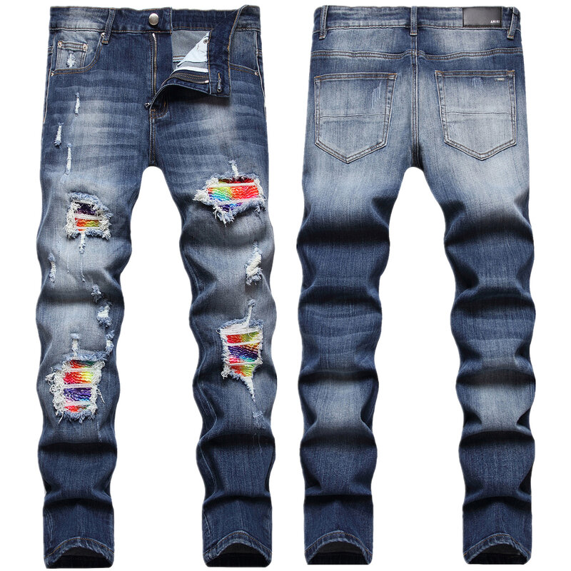 Wysokiej klasy porwane jeansy męska marka modowa AM główna ulica naszywka osobowość jesienno-zimowa rozciągliwe dopasowanie stopy długie spodnie