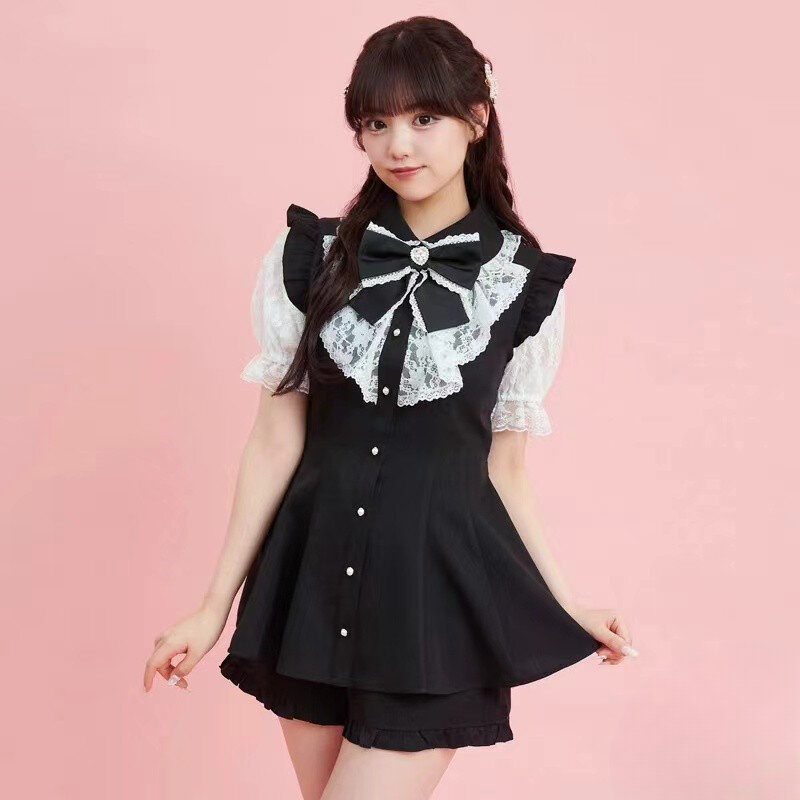 Japanese Rojita SC Suit New 2024 Summer Stripes Bow Lace Mine Series Mass-Produced Short Sleeved Two Piece Sets Women's Outifits