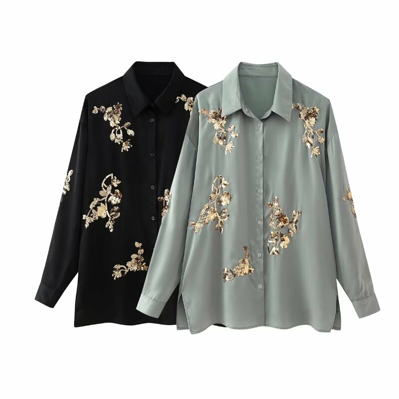 Women 2024 New Fashion Sequin decoration Loose Casual Blouses Vintage Long Sleeve Button-up Female Shirts Chic Tops