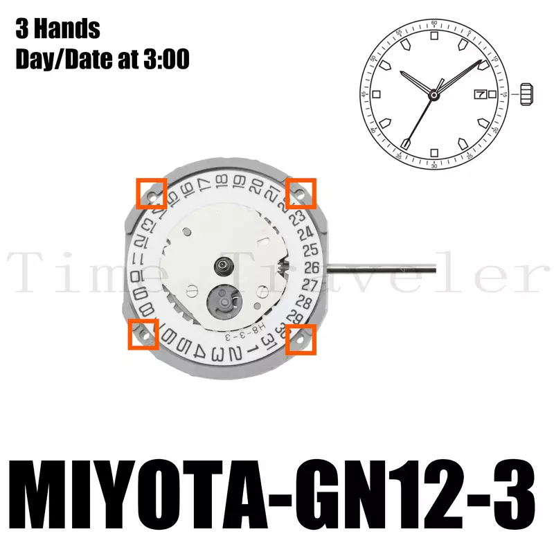 Movimiento GN12 Miyota GN12, tamaño 8, 3/4 pulgadas de altura, 2,71mm, batería de 3 años, 3 manos, fecha a 3:00