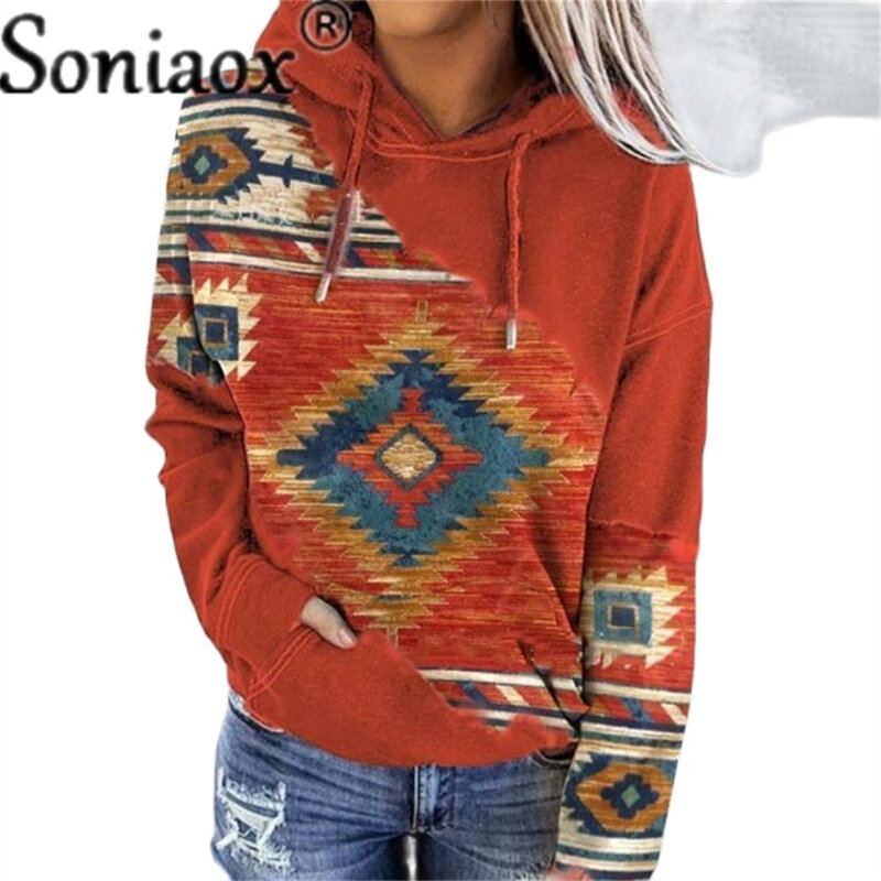 Kobiety Retro etniczny styl wydruku wiosna jesień elegancka dzianina z kapturem sweter z długim rękawem Top kobieta dorywczo luźny sweter sweter
