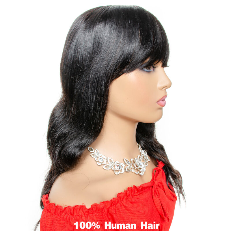 Yepei-pelucas de cabello humano brasileño con flequillo, pelo largo ondulado hecho a máquina con flequillo, 16-20 pulgadas, 130% de densidad, Remy